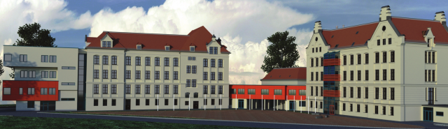 Visualisierung der Hofansicht mit historischem Gebäudekomplex und Anbau